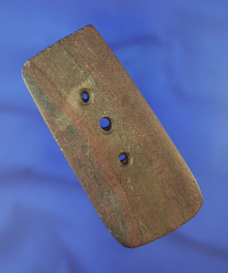 3 5/8" Glacial Kame three hole Gorget found in Hardin Co.,  Ohio. Comes with a Bennett COA.