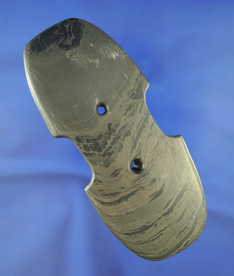 5 3/16" Indented Gorget made from nicely banded slate found in Ohio. Ex. Mike Smith collection.