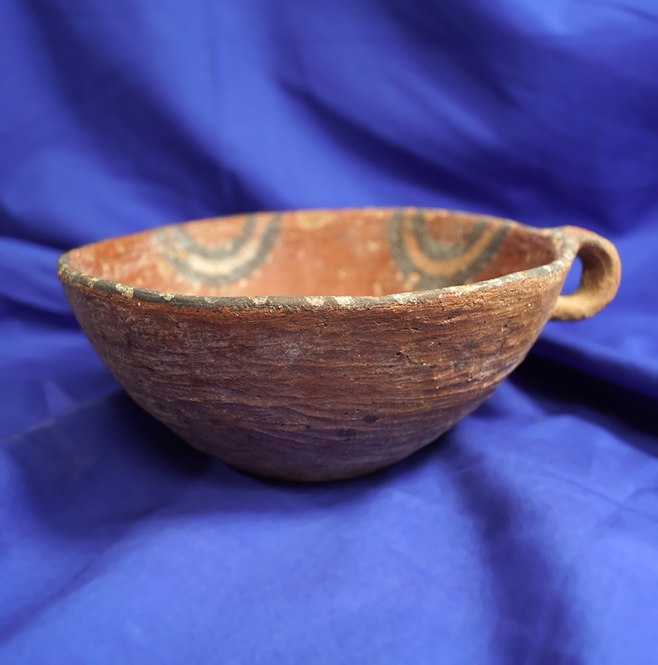 6 3/8" wide pre-Columbian pottery vessel that is solid with no restoration found in Peru.