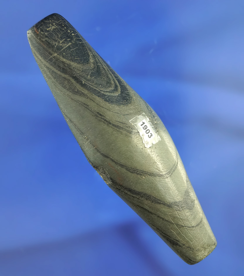 3 13/16" banded slate undrilled Adena Expanded Center Gorget found in Miami Co.,  Ohio.