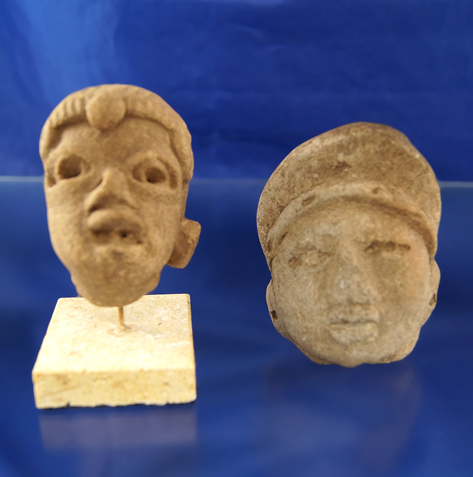 Pair of large pre-Columbian pottery heads, largest is 3".