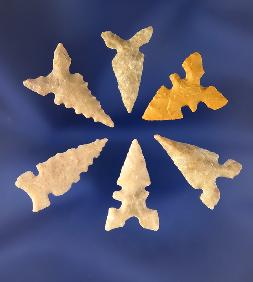 Set of six well styled Toyah points, largest is 1 1/16" from the big Bend area, Val Verde Co., Texas