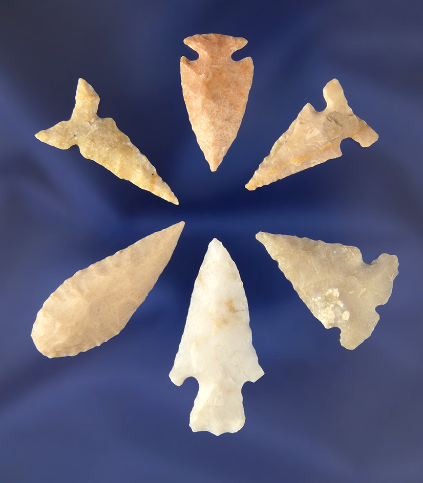 Set of six assorted Arrowheads, largest is 1 1/2" from the big Bend area, Val Verde Co., Texas.
