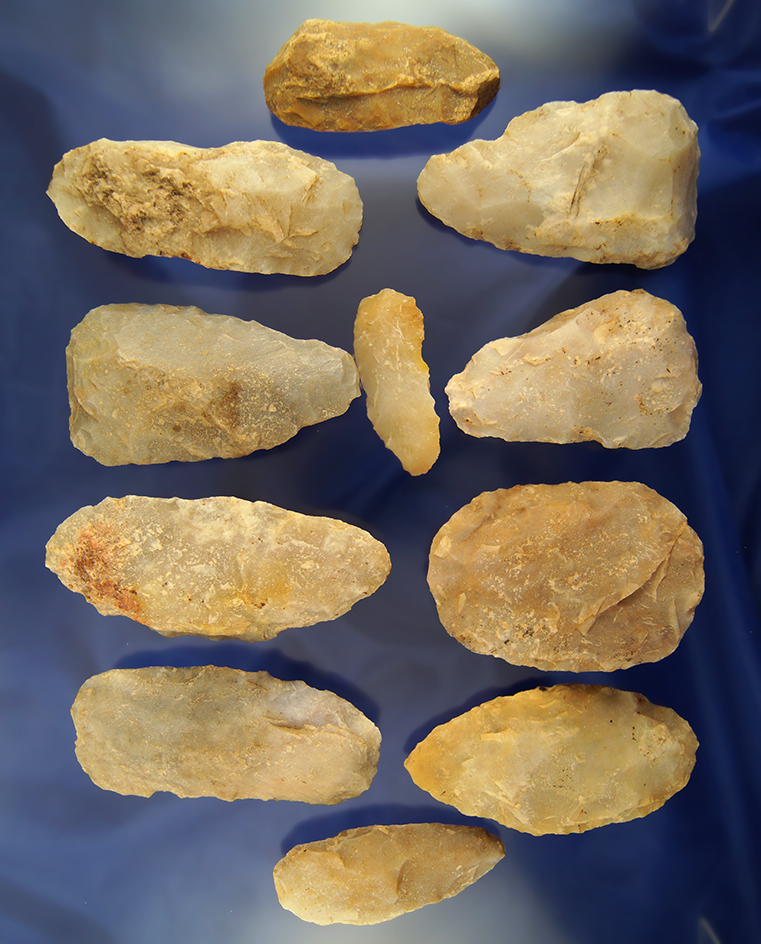 Set of 11 Flint preforms and Celts, largest is 4 1/2". Found by Clifton Reeder  Kentucky.