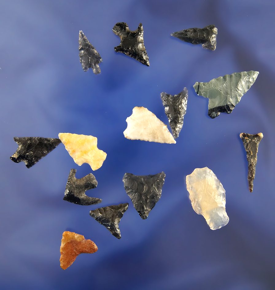 Set of 14 assorted Arrowheads found by R. D. Mudge in Nevada. Largest is 1".