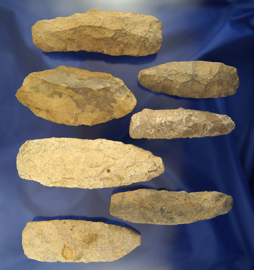 Set of 7 Flint Celts and chisels, largest is 5 1/2". Found  near Creelsboro, Kentucky.