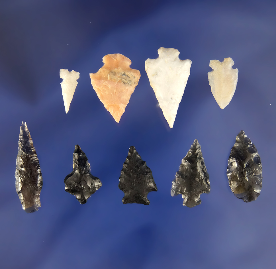 Set of nine assorted Arrowheads found by R. D. Mudge in Nevada. Largest is 1".