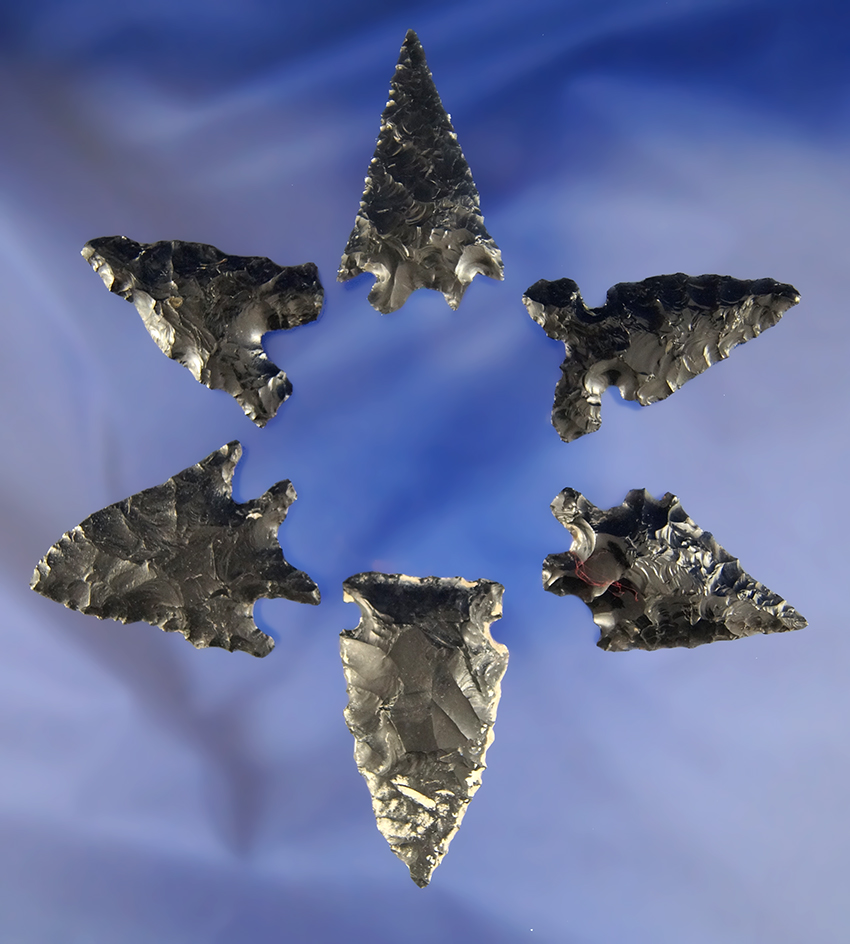 Set of six Obsidian Arrowheads found by R. D. Mudge in Nevada.