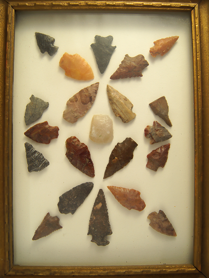Framed group of 21 assorted Columbia River area Artifacts, largest is 1 7/8".
