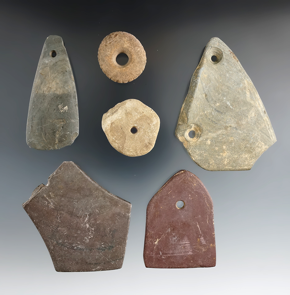 Set of six Slate and Stone artifacts including a couple salvaged pieces, largest is 3 5/16".