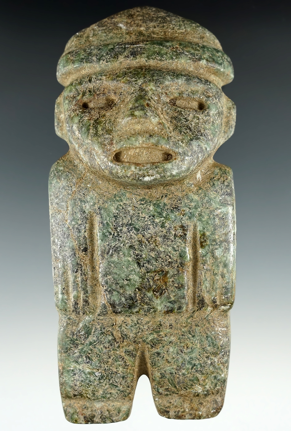 5 9/16" Tall Green Jade Toltec Culture Human Effigy Figurine. Circa 900 A.D. Mexico City.