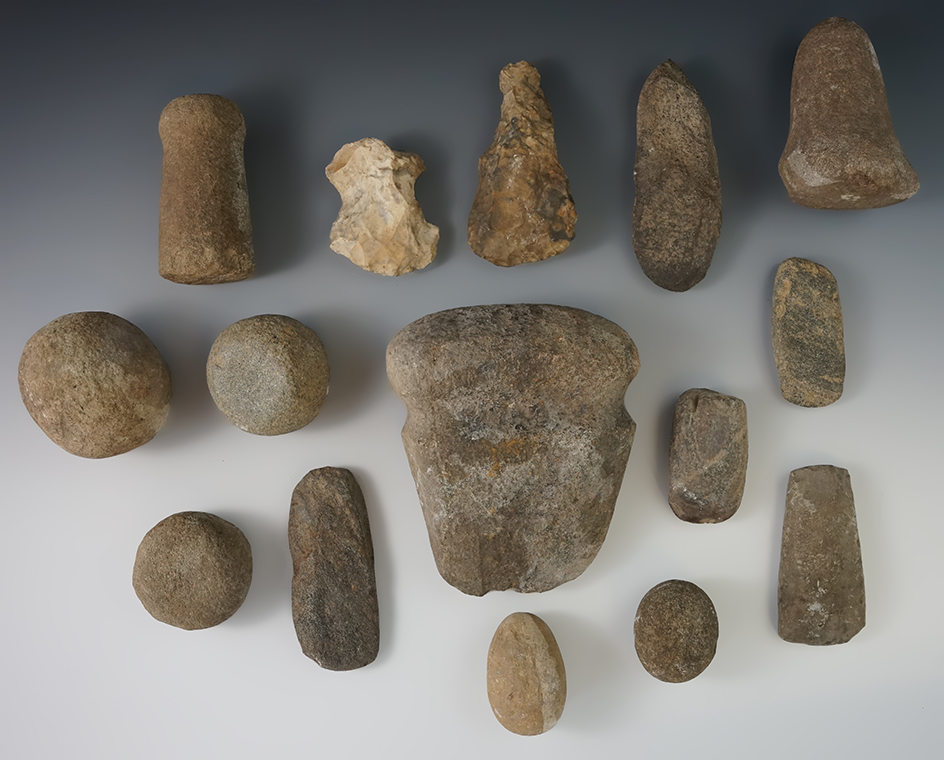 Large group of 15 Stone Tools including Pestles, Celts, Hammerstones and Axes. Largest is 5 3/4".