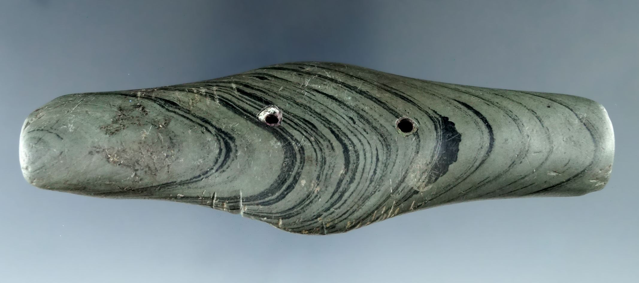 4 1/2" Adena Expanded Center Gorget found in Perry Co., Ohio. Ex. Brian Donaldson Collection.