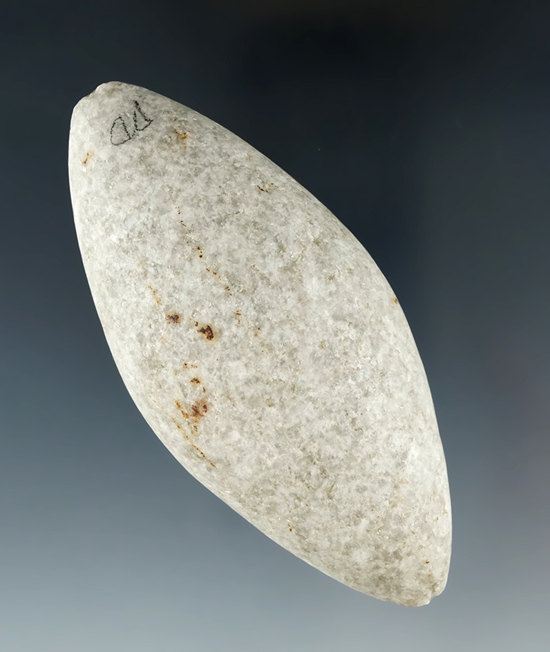 Uniquely styled and highly polished 3 7/8" quartz Atlatl weight with grooved ends - California.
