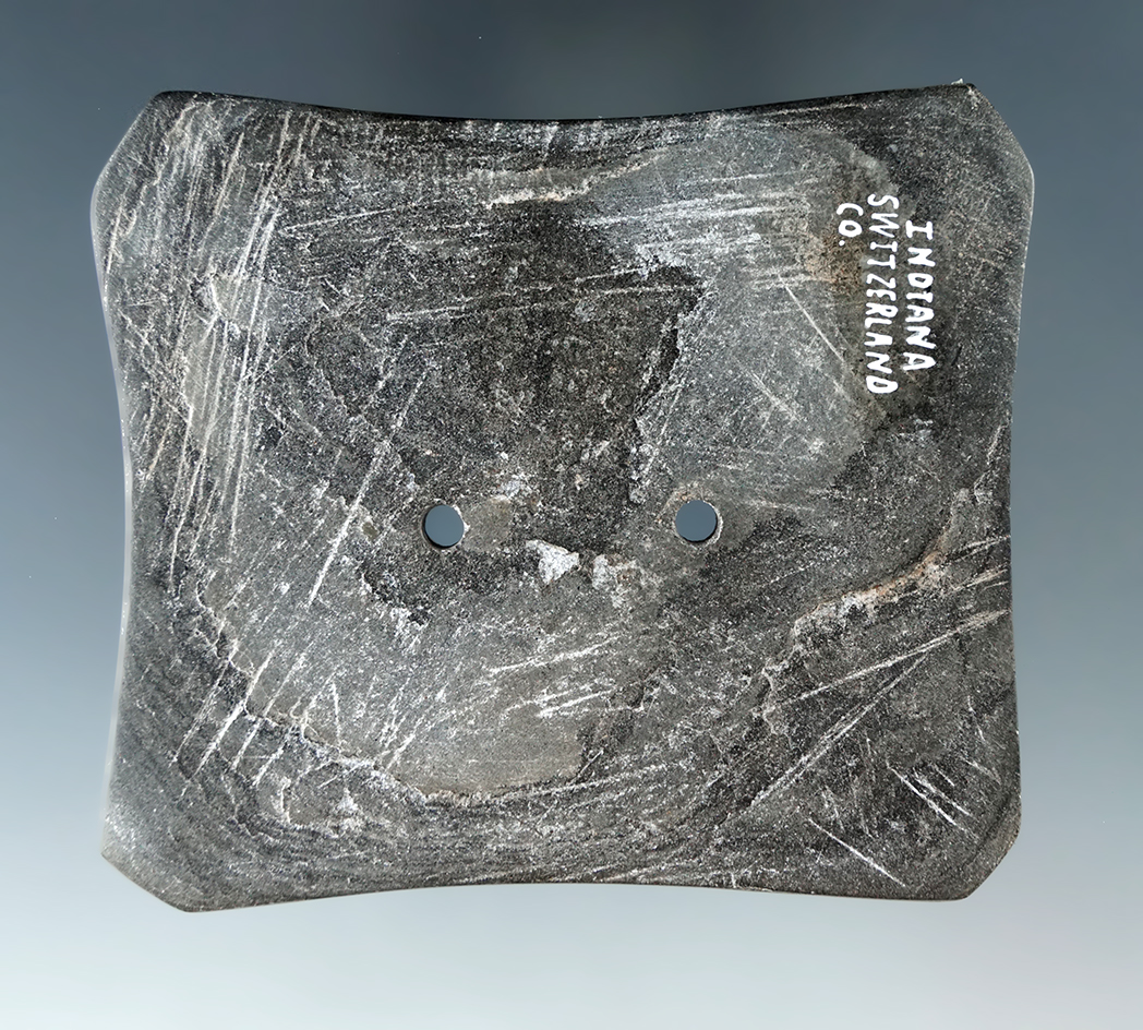 2 7/8" Adena Quadriconcave Gorget  found in Switzerland Co., Indiana.