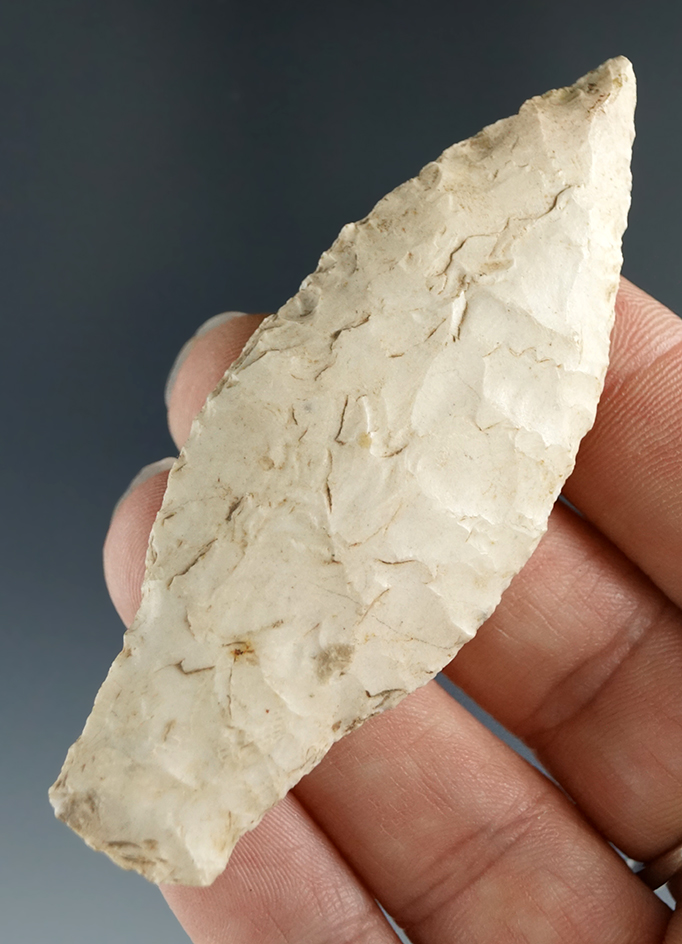 3" Burlington Chert Paleo Stemmed Lanceolate found in Kansas.