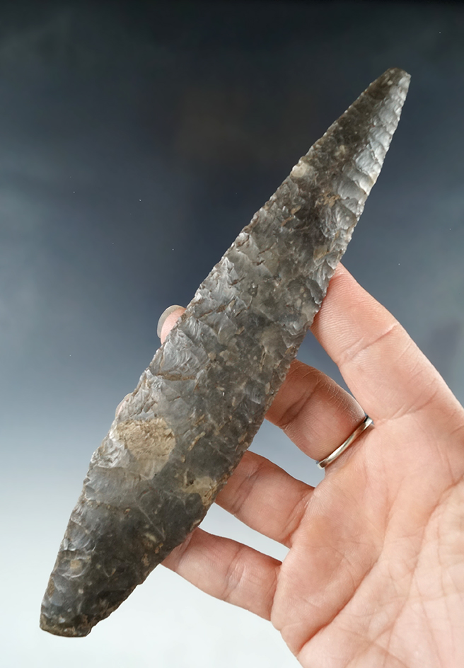 Large and nice! 6 7/8" Danish Stemmed Lanceolate Blade from Denmark. Excellent flaking.