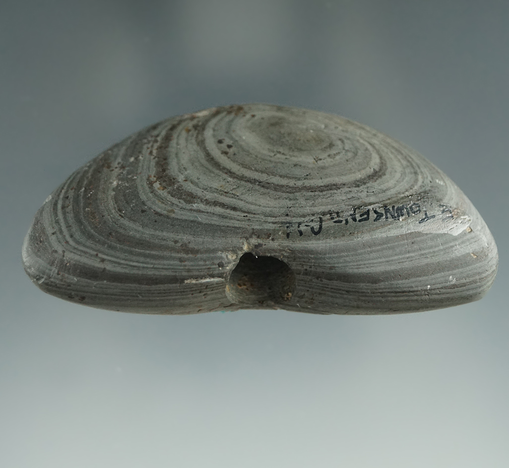 2 9/16" Bannerstone pictured in Indian Bannerstones. Ex. Earl Townsend.  Nice mineral deposits.