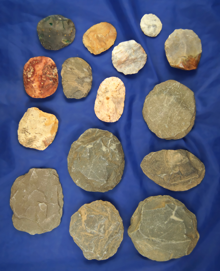 Group of 6 Chipped Slate Discs and 9 Hopewell Round Knives found in Licking Co., Ohio.