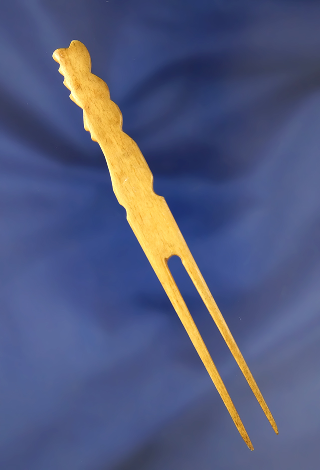 Pictured! Very rare, beautifully crafted 4 5/8" double prong bone hairpin -Limestone Co A. Pictured