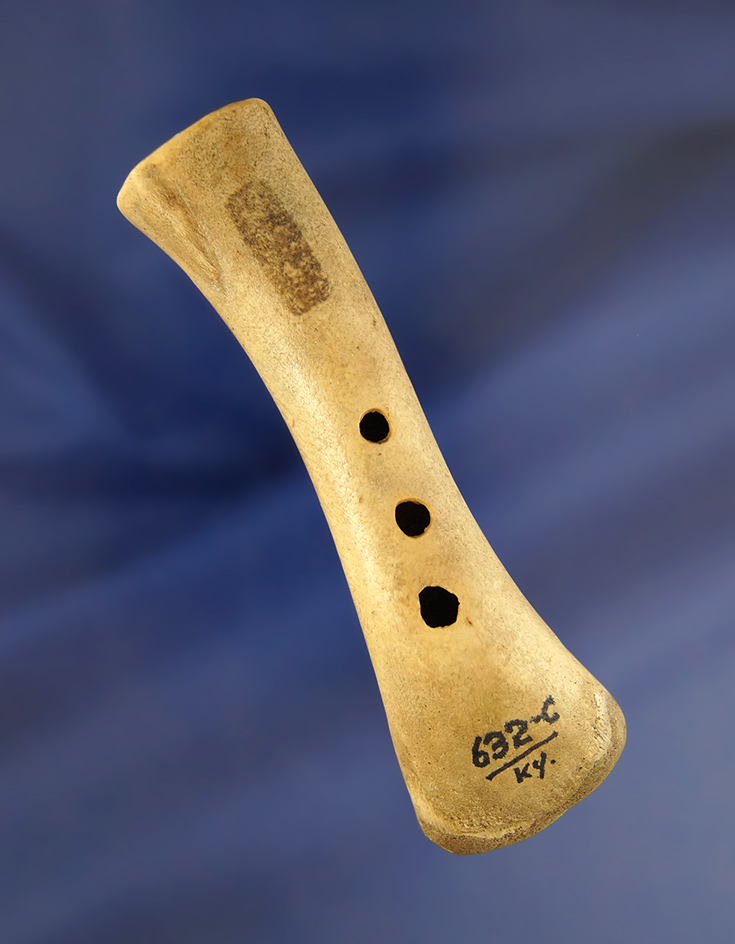 Unique 3 1/2" three hole Bone Flute found in 1943 in Kentucky. Pictured