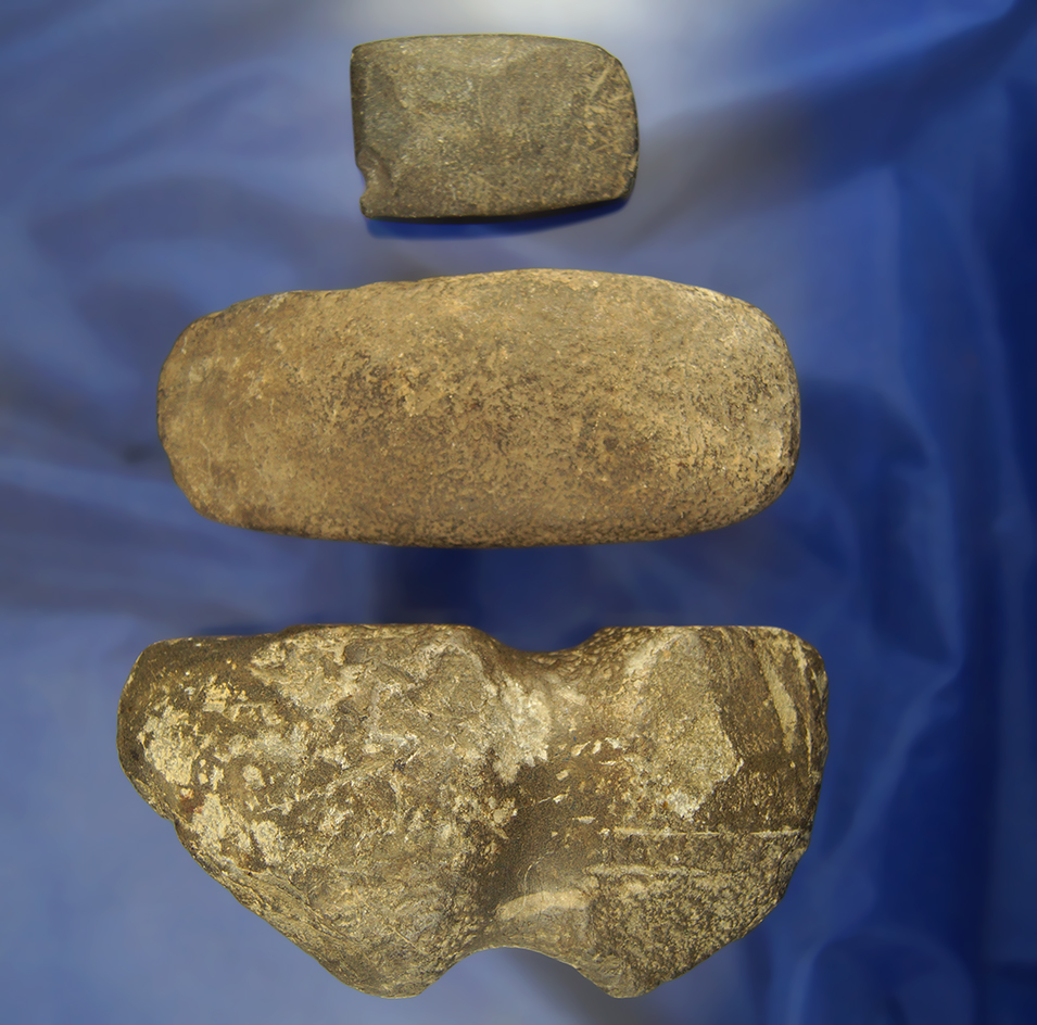 Set of 3 stone tools including a 5 3/4" full grooved axe, a celt, and a rare 2 1/2" double bit celt