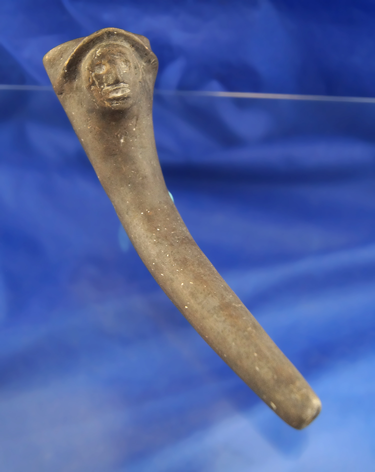 7 1/2" nicely crafted clay Iroquois Pipe with a human face found in New York.
