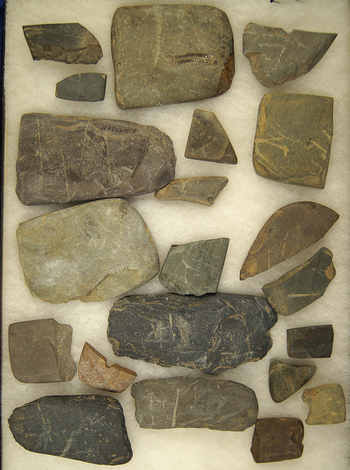 Nice selection of broken slate artifacts for study, largest is 3 5/8".
