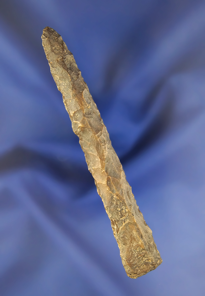 Heavily patinated 3 3/4" Creek Stained Drill found in Ohio. Ex. Jon Dickinson.