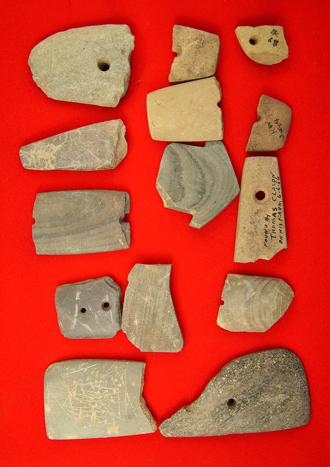 Group of assorted damaged slate artifacts for study, largest is 3 1/2" found in Greenup Co., Kentuck