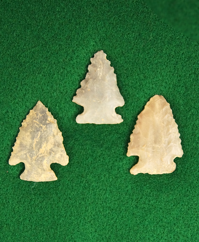 Set of 3 Arrowheads, largest is 1 1/2" found in Greenup Co., Kentucky.