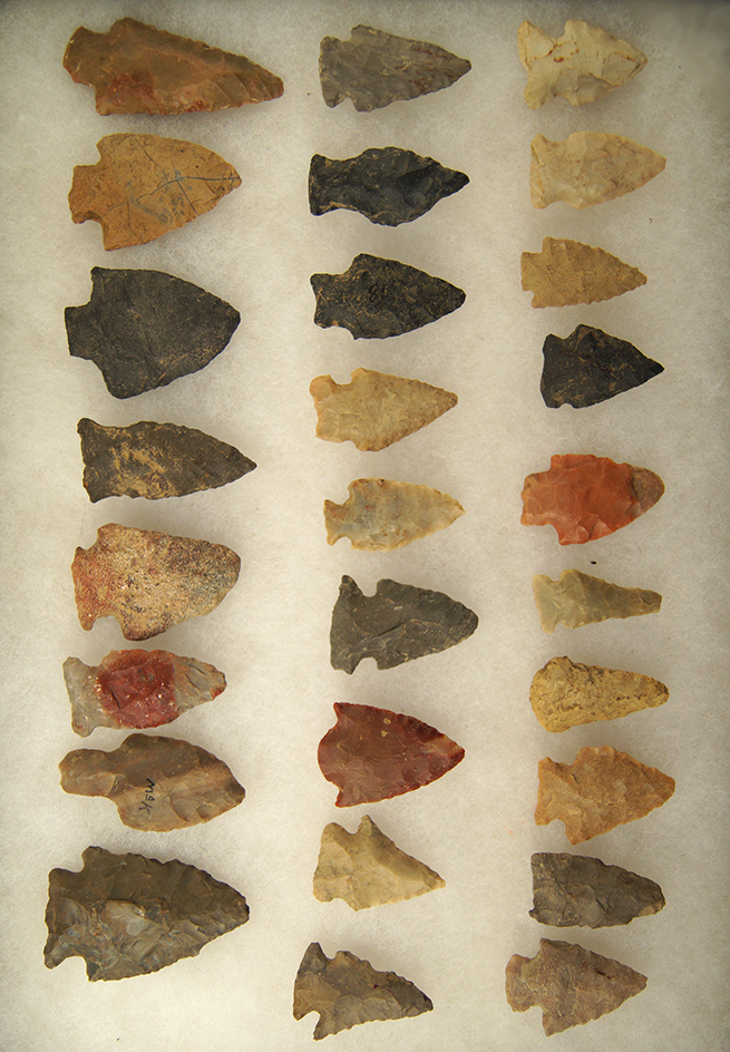 Set of 27 assorted Arrowheads, largest is 2 3/8" found in Greenup Co., Kentucky.