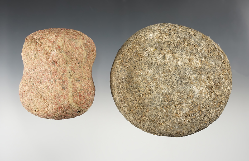 Pair of nice Hardstone Artifacts including a Hammerstone and a Discoidal. Allen Co., Ohio.