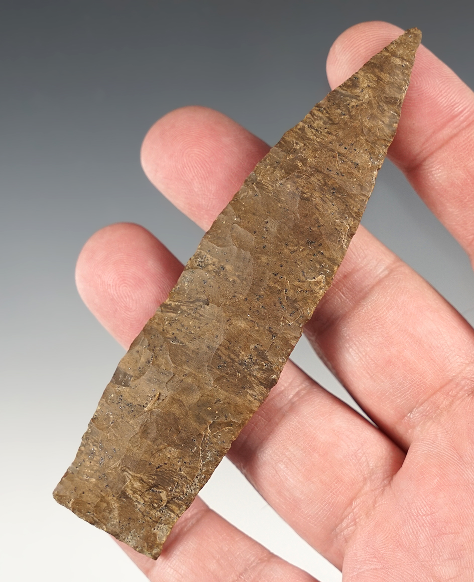 4 3/16" Copena made from patinated Dover chert. Found in the Tennessee/Kentucky area.