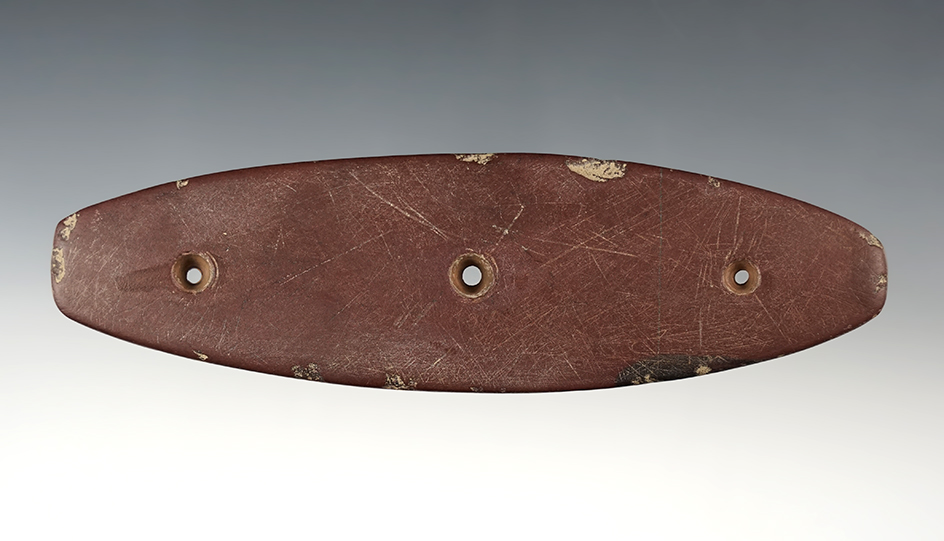 Rare style 5 13/16" 3-Hole Gorget - St. Joseph Co., Michigan. Ex. Peter Allen. Bennett COA.