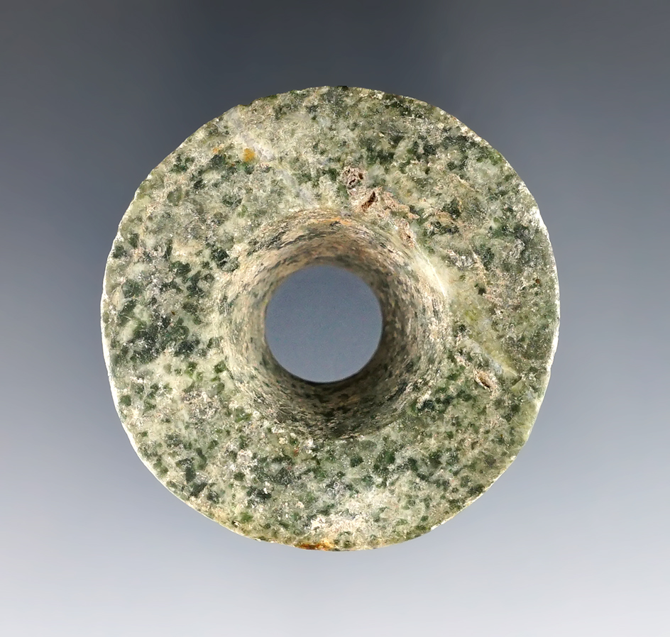 Beautifully styled large pre-Columbian 1 13/16" hardstone drilled ear spool. Central America.