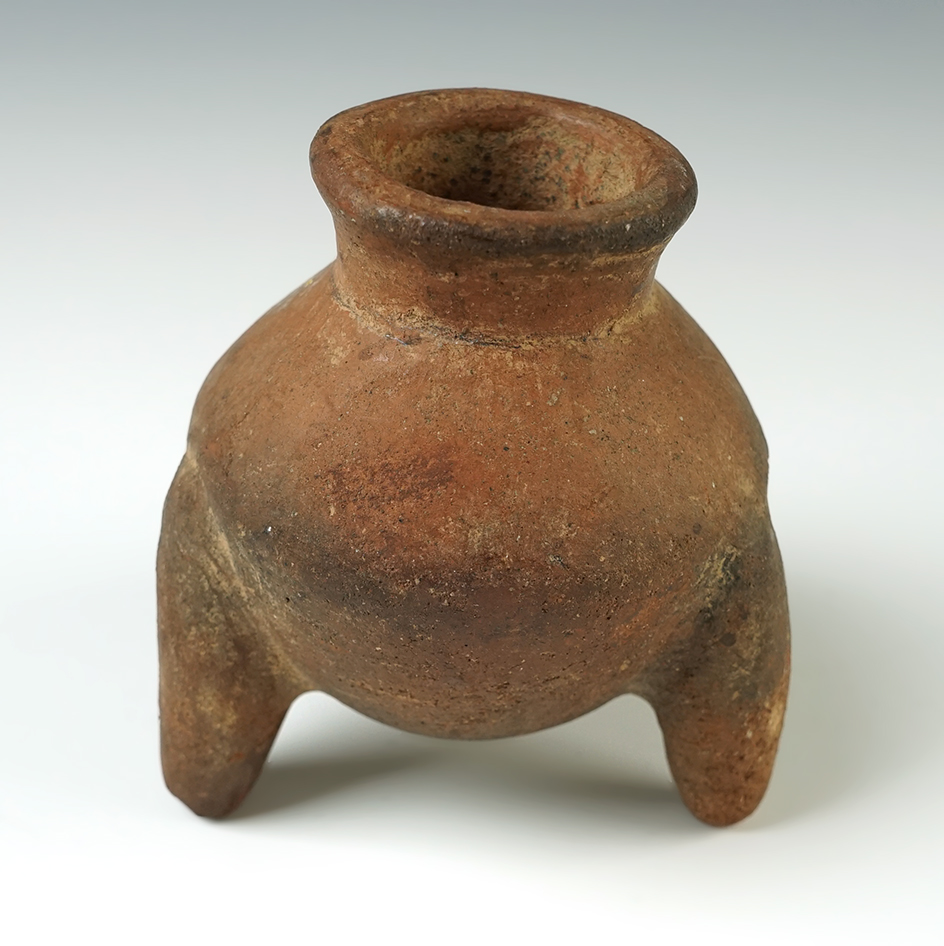 3 13/16" tall by 3 1/4" wide pre-Columbian tri-leg jar in solid condition. Mesoamerica.