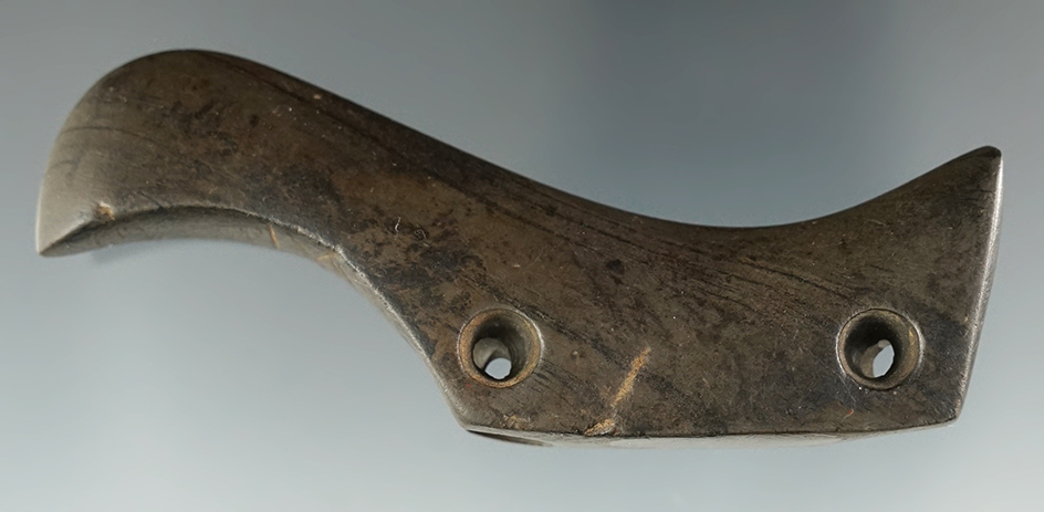 Unique drilling on this 3 1/2" Long Salvaged Banded Slate Birdstone - Lenawee Co., Michigan.