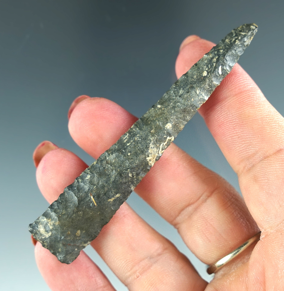 3 1/8" Coshocton Flint Drill found in Tuscarawas Co., Ohio. Pictured in WW #10, pg 178. Ex. Vietzen.