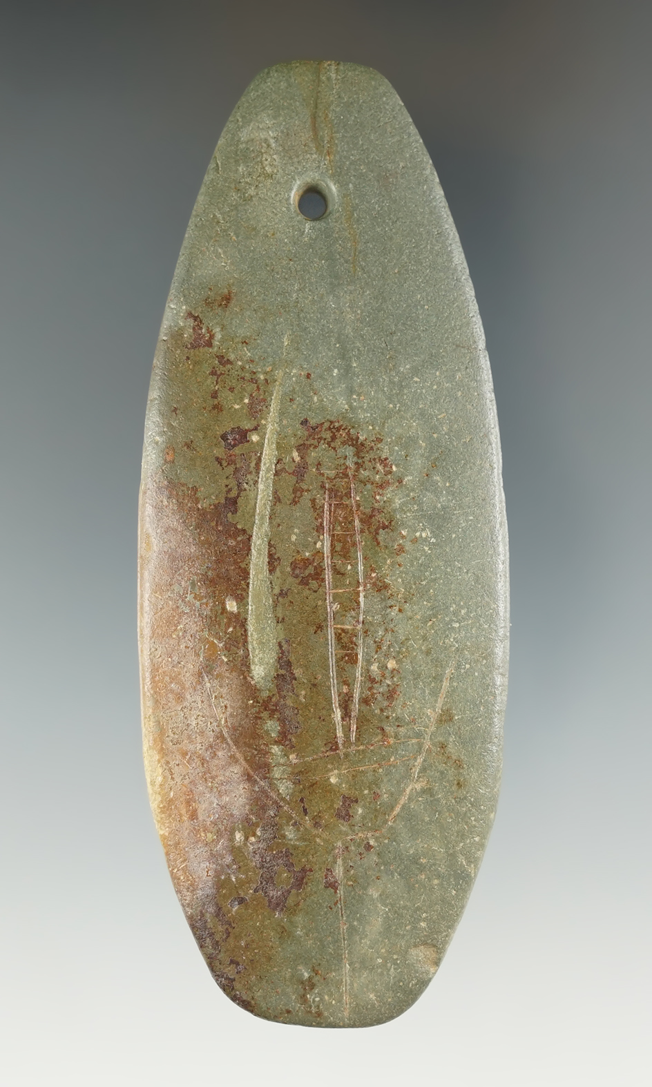 4" Greenstone Trapezoidal Pendant that is engraved with spatulate, Hardin Co., Tennessee. COA's.