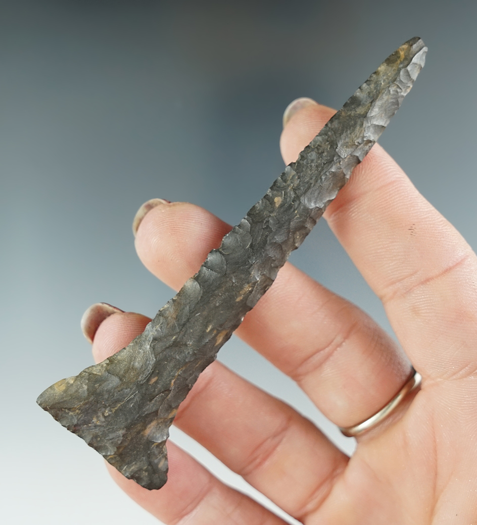 3 3/4" "T" Drill made from Upper Mercer Flint, found in Huron Co., Ohio. Ex. Dilley. Bennett COA.