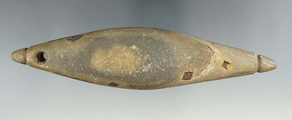 Very unique style on this 5 15/16" double grooved and drilled artifact found in Monroe Co., NY.