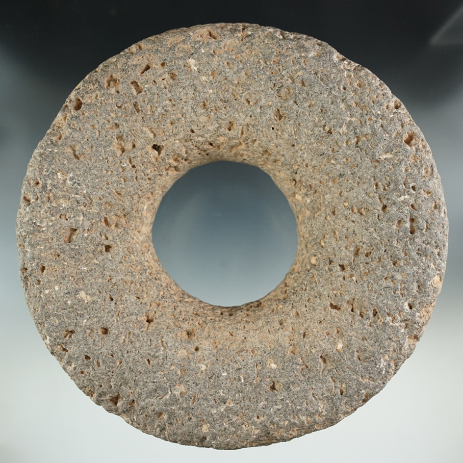 Large 6 1/8" perforated Discoidal made from Basalt found in Arizona. Ex. Dr. Raymond Thomas. COA.