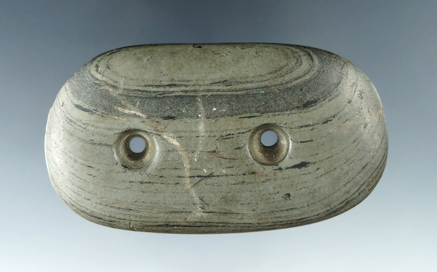 3 1/8" beautifully banded two hole Adena gorget found near Tiffin, Seneca Co., Ohio.