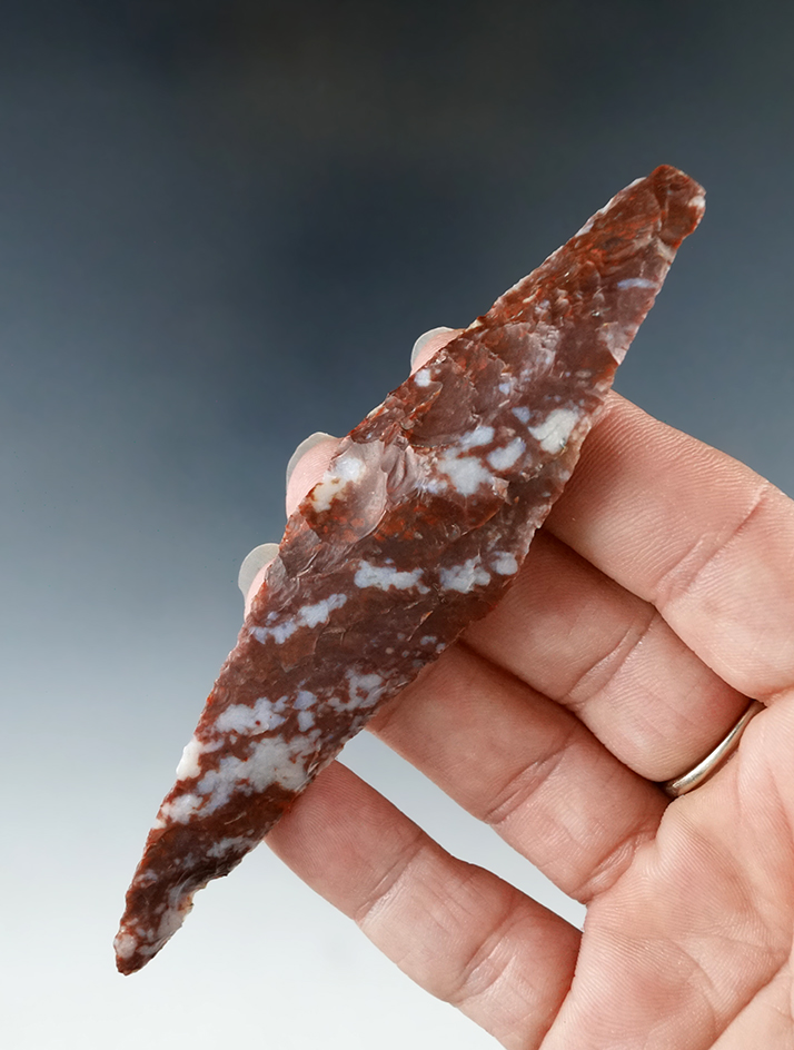 4 5/16" deeply beveled Harahey Knife made from "beefsteak" Alibates Flint - southern Kansas.