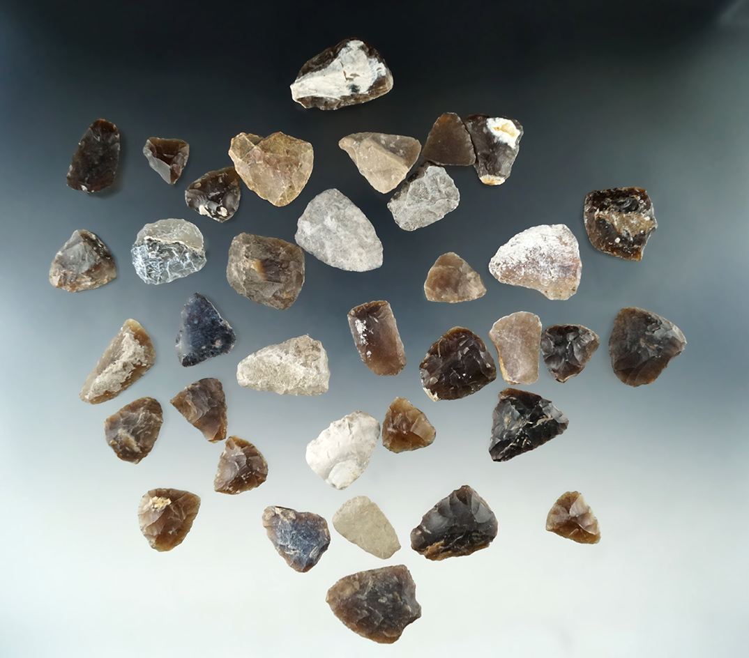 Group of 36 Scrapers found in North Dakota, largest is 1 1/4". Ex. Bob Roth Collection.