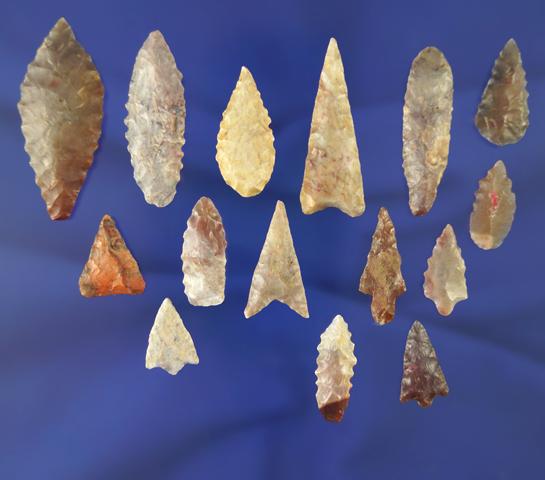 Set of 15 assorted African Neolithic arrowheads found in the Sahara desert. Largest is 1 5/8".