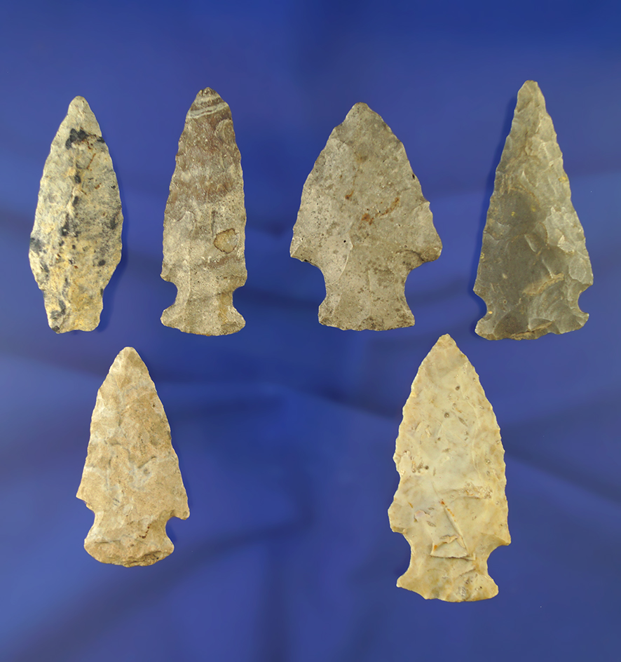 Set of six assorted arrowheads found in Michigan. Largest is 2 5/16". Collected prior to 1950.