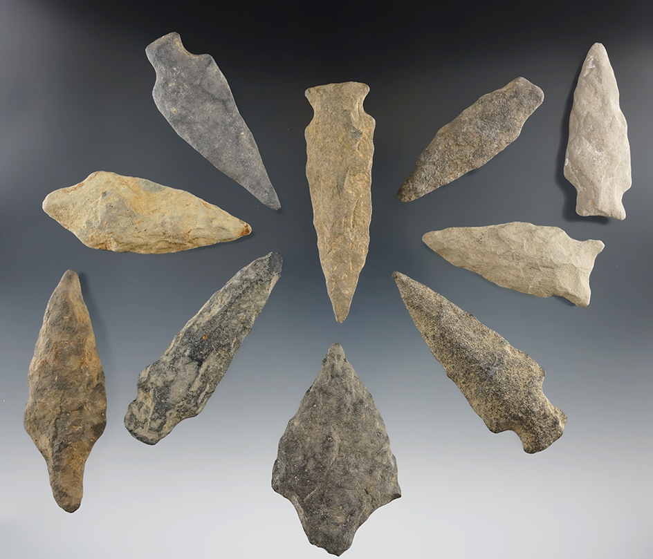Very nice group of 10 assorted Argillite points and Knives found in Cumberland Co., New Jersey.