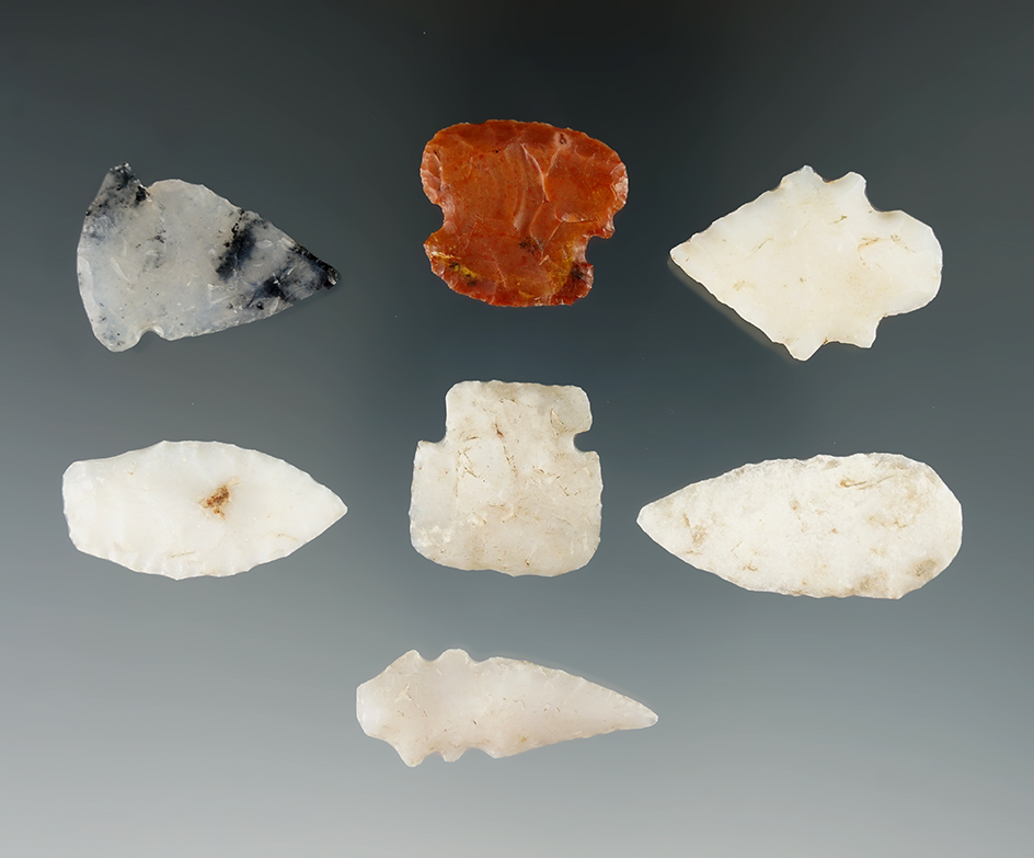 Set of seven New Mexico points and scrapers, largest is 1 3/8".